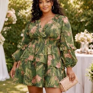 Anthropologie Hutch XL/1X Green Floral V-Neck Mini Ruffle Dress